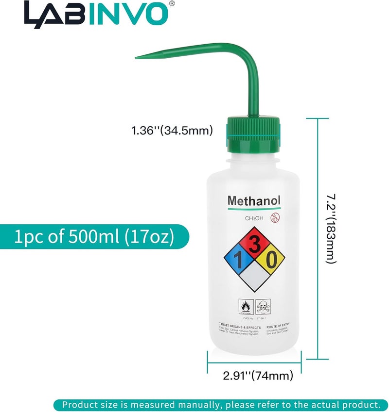 LINVO Self-Venting Safety Wash Bottles(Methanol), Pack of 1, With Chemical Name,.Vol.500Ml,Ldpe Material,Cap In Green Color.IN-WBM501 - Image 3
